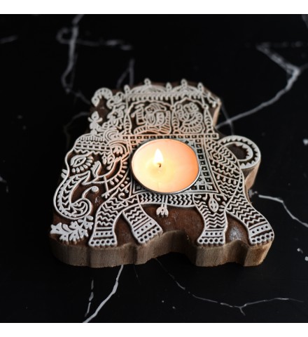 Airavat Wooden T- Light Holder Set with 6 Soy Wax Candle